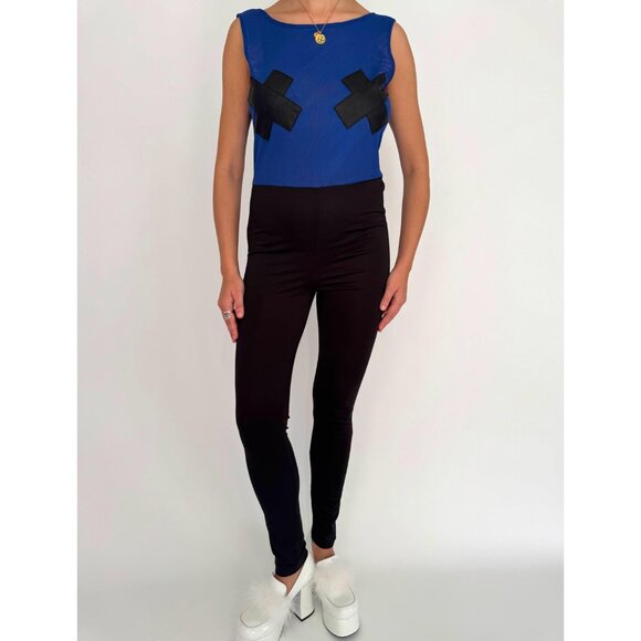 vintage blue fitted clubbing festival party backless mesh pant catsuit jumpsuit - Picture 2 of 9